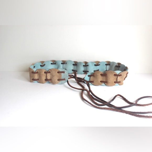 Vintage Wide Tan and Blue Suede Leather Tie Belt with Long Fringe Reversible S M - Picture 1 of 9